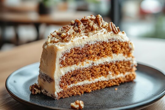 A delicious slice of layered cake topped with nuts, set on a dark plate, showcasing its moist texture and creamy frosting.