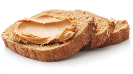 A slice of bread with peanut butter on top