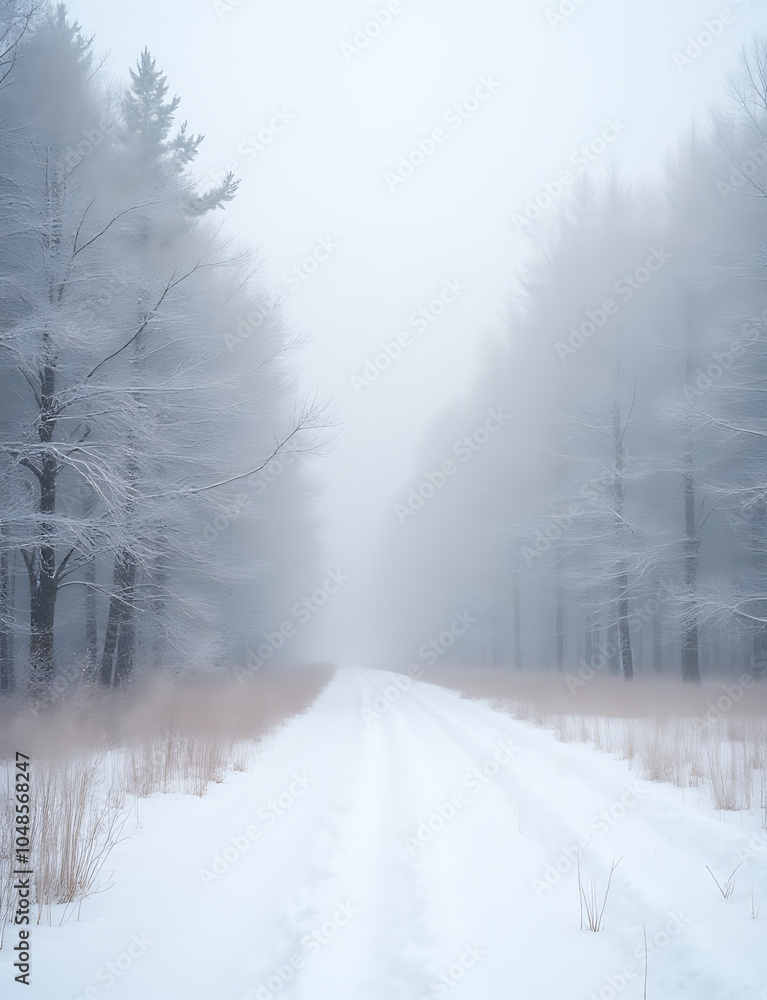 Poster soft winter landscape features snow covering trees and ground in a serene natural setting with a sub