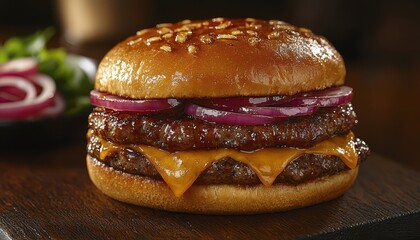 A delicious cheeseburger with melted cheddar, grilled beef patties, and fresh onions, served on a toasted sesame seed bun.