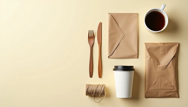 Flat lay of eco-friendly packaging and coffee essentials on beige background

