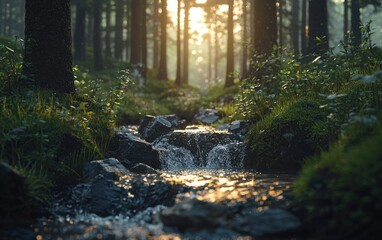 Obraz premium Sunbeams through a forest with a flowing stream