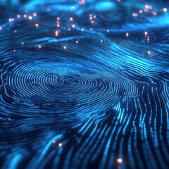 Abstract Blue Fingerprint Pattern with Glowing Lights - Digital Security Concept Background.