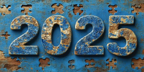 A visually striking image of the year 2025 displayed in bold blue numbers with a weathered texture on a puzzle background, symbolizing the journey ahead