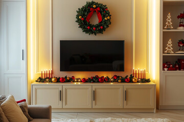 A cozy living room decorated for the holidays, featuring a TV, festive wreath, candles, and ornaments.