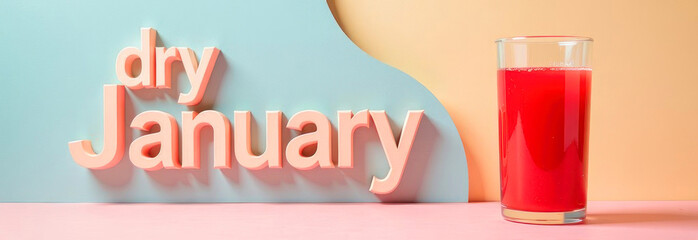 Minimalist Dry January banner featuring pastel colors with a bold, pink font and a refreshing glass of vibrant red juice, symbolizing a clean and healthy start to the new year