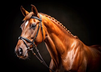 Obraz premium Brown Horse with Bridle Against Black Backdrop - Stunning Product Photography for Equestrian Enthusiasts