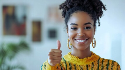 A cheerful woman with a big smile gives a thumbs-up gesture, wearing a vibrant yellow sweater. The scene is upbeat and full of positive energy, inspiring confidence and happiness