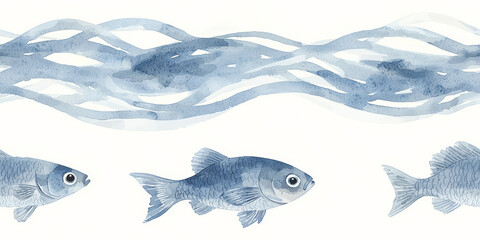 Seamless of Peaceful Underwater Landscape with Silhouetted Fish Swimming in Serene Blue Waters