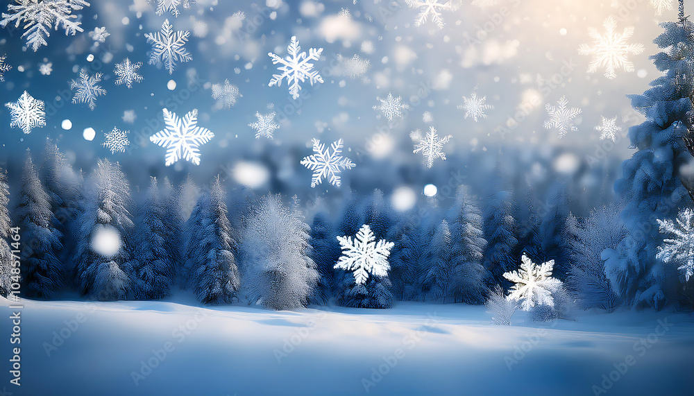 Poster Soft white snowflakes fall gently on a serene winter scene with a subtle Christmas backgrou_1(599)