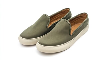 A Pair of Green Canvas Slip-On Sneakers with White Soles