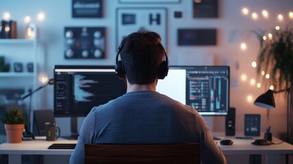 Tech reviewer records late-night video, illuminated by warm string lights. Deep in code, focused on the task ahead.