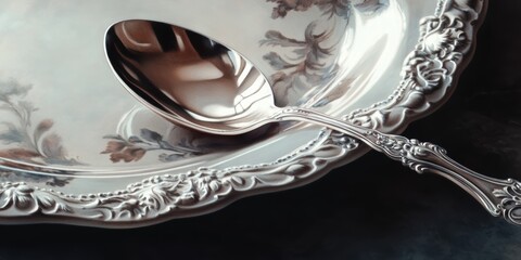 Silver spoon on ornate plate.