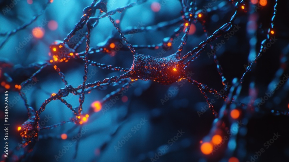Poster a detailed close-up of a neuron with glowing synapses