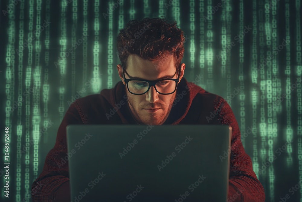 Aufkleber intense focus: a hacker works late into the night, lost in lines of code.