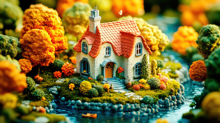 Fototapeta premium 3D miniature of a fairy-tale house with a red roof, surrounded by an autumn forest and a river. The detailed image creates an atmosphere of magic and coziness