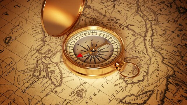 Golden compass on an old map indicating direction. 3D animation. 4K.