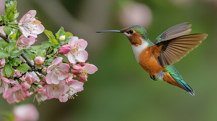 Fototapeta premium vibrant hummingbird hovers gracefully near delicate pink blossoms, showcasing its iridescent feathers and agile movements. scene captures beauty of nature and harmony between bird and flowers