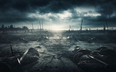 After the Fight: Stormy Battlefield Covered in the Remnants of a Medieval War, Perfect for Depictions of Historical Warfare, Dark Fantasy Scenes, and Epic Battle Project Needs