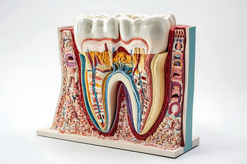 A detailed 3D anatomical model of tooth structure, illustrating the layers and components of tooth anatomy, including enamel, dentin, pulp, and root