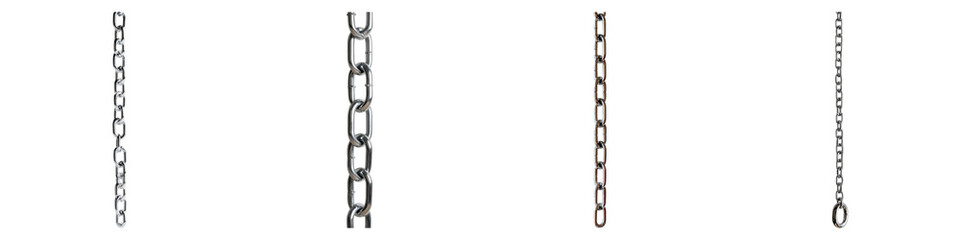This display features a variety of isolated metal chains, showcasing different link styles and sizes. Ideal for crafting, design, or construction purposes, each chain presents a durable appearance
