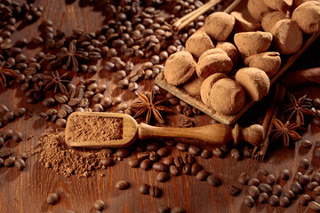 Chocolate truffles and a wooden spoon with cacao powder.
