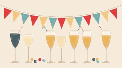 Celebration with Champagne Flutes and Party Flags
