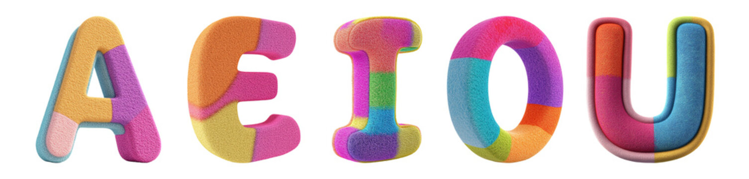 Pack of vowel letters A, E, I, O, U in felt style set against transparent background
