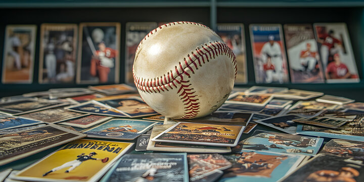 Vintage baseball surrounded by collectible sports cards, showcasing rich sports history.