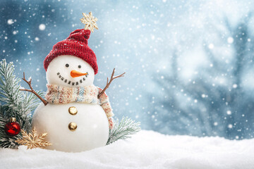 Obraz premium cute snowman in red hat and scarf over snow winter background with copy space