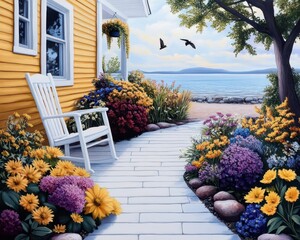 Fototapeta premium Summer array, vibrant colors, joyful scenes, cozy setting, inviting