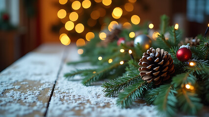 Snowy table decorated with fir branches, pinecones, and Christmas lights in a festive holiday scene.