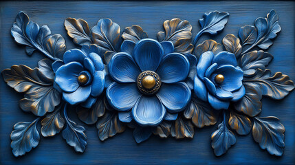 Ornate Baroque Floral Relief in Royal Blue and Gold Against Textured Background