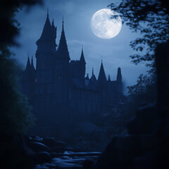 A majestic castle stands under a full moon, casting enchanting shadows and creating a cinematic atmosphere that captivates the night.	
