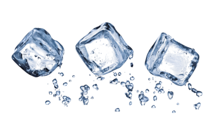 Four flying ice cubes, isolated on white background