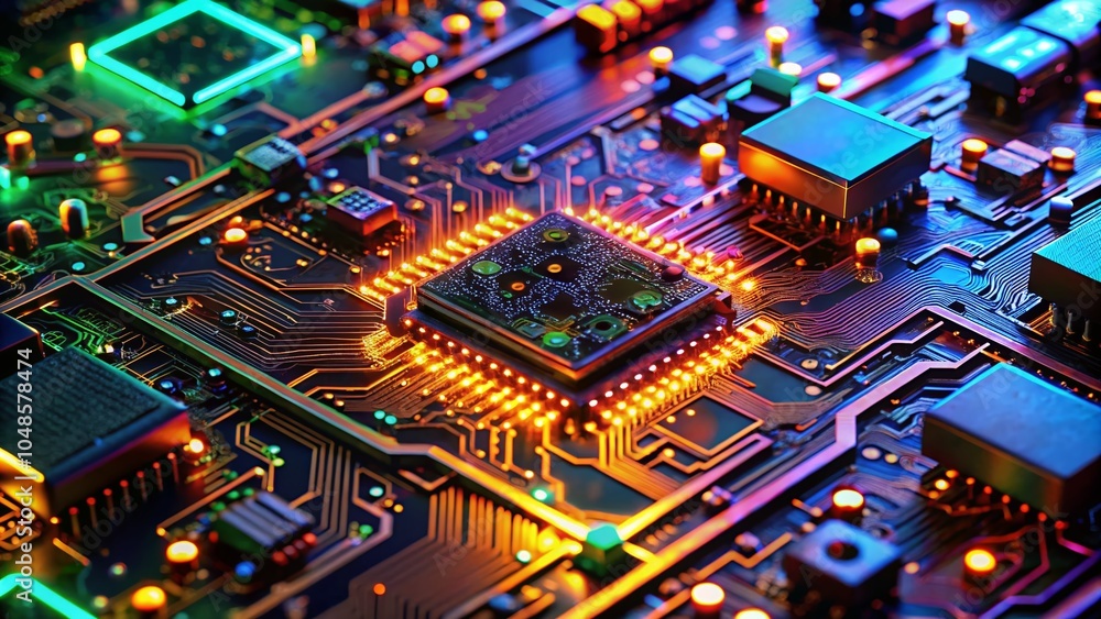 Aufkleber closeup of a circuit board with glowing components - technology and innovation in electronics