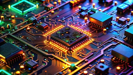 Fototapeta premium Closeup of a Circuit Board with Glowing Components - Technology and Innovation in Electronics