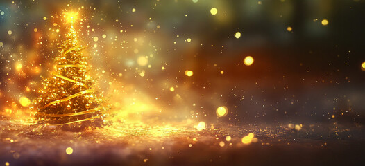 Un &aacute;rbol de Navidad adornado con adornos dorados se destaca sobre un fondo borroso de luces brillantes, una cinta dorada y efecto bokeh. Esta imagen evoca el concepto de una tarjeta navide&ntilde;a.