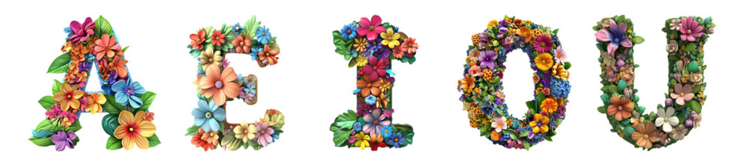 Pack of vowel letters A, E, I, O, U in floral style set against transparent background