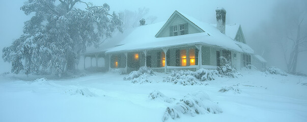Fototapeta premium serene winter scene featuring snow covered house with glowing windows, surrounded by snowy landscape. atmosphere evokes sense of warmth and tranquility amidst cold