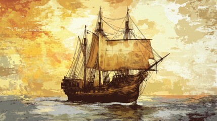 Vintage Sailing Ship at Sunset