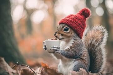 Fototapeta premium close up of cute squirrel in red knitted hat holding cup of coffee over autumn forest background