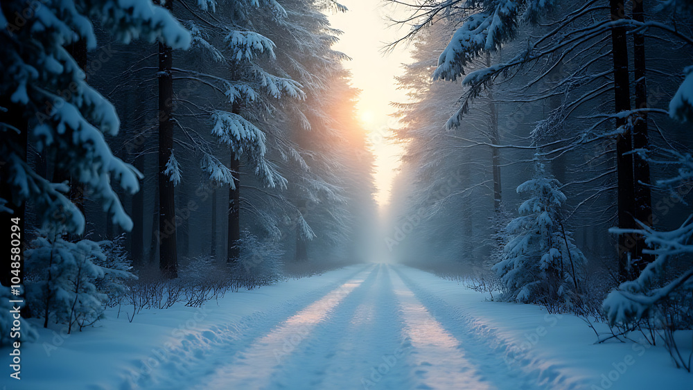 Poster snowy forest features beautiful abstract shiny light for a stunning visual effect in film or photogr