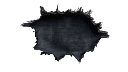 Hole in black fabric with frayed edges, isolated on white background