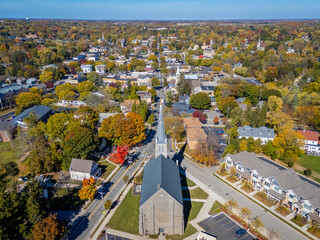Aerial image of a beautiful old church overlooking the Cedarburg Wisconsin downtown