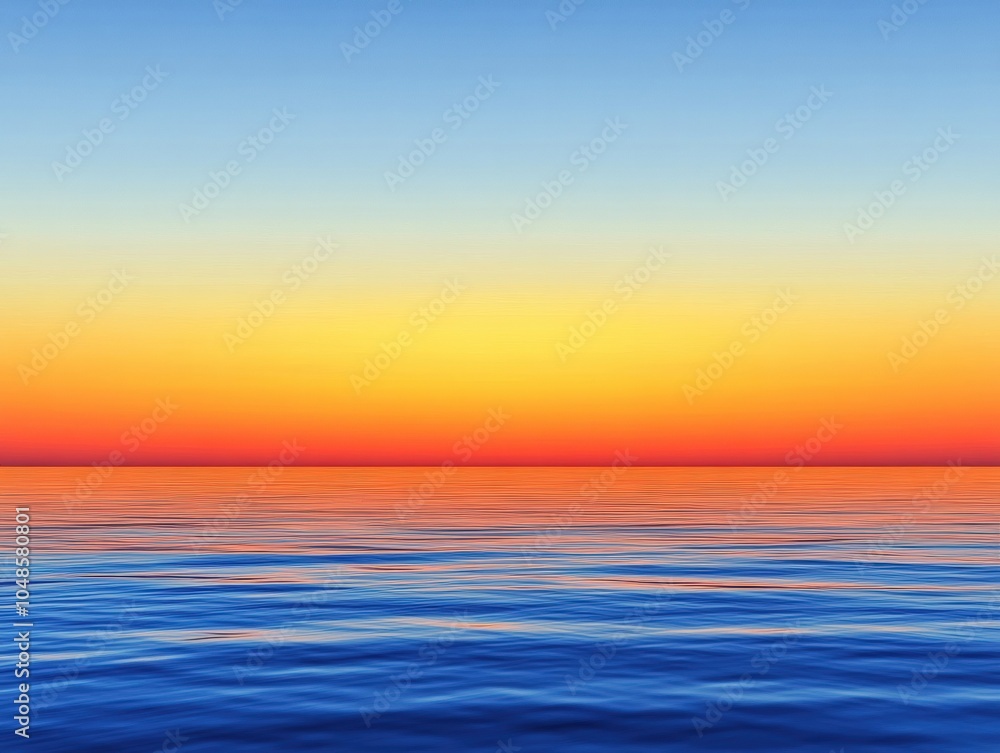 Poster tranquil ocean scene with a smooth gradient transitioning from deep blues to vivid sunset colors