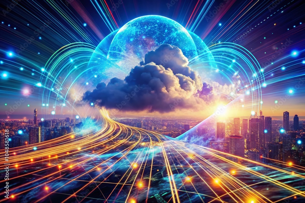 Aufkleber cloud computing concept with data visualization and digital lines in panoramic view for technology a