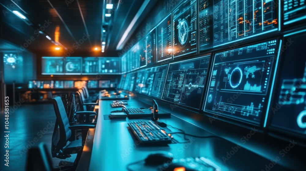 Poster A Blue-Lit Control Room with Multiple Monitors Displaying Data and Charts