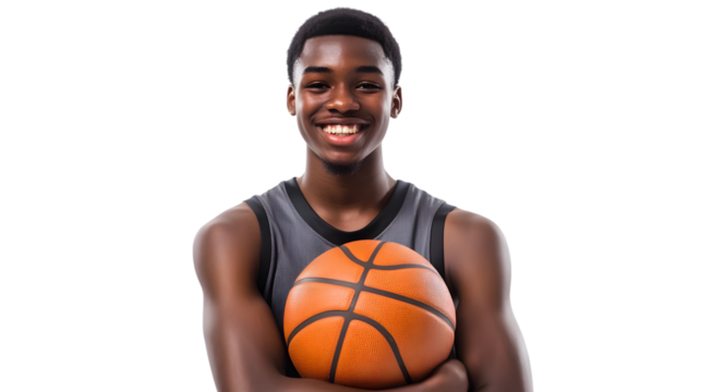 Happy young African American basketball player, isolated on white background