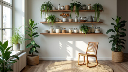 Cozy living room with natural light, potted plants on shelves, and a wooden chair.